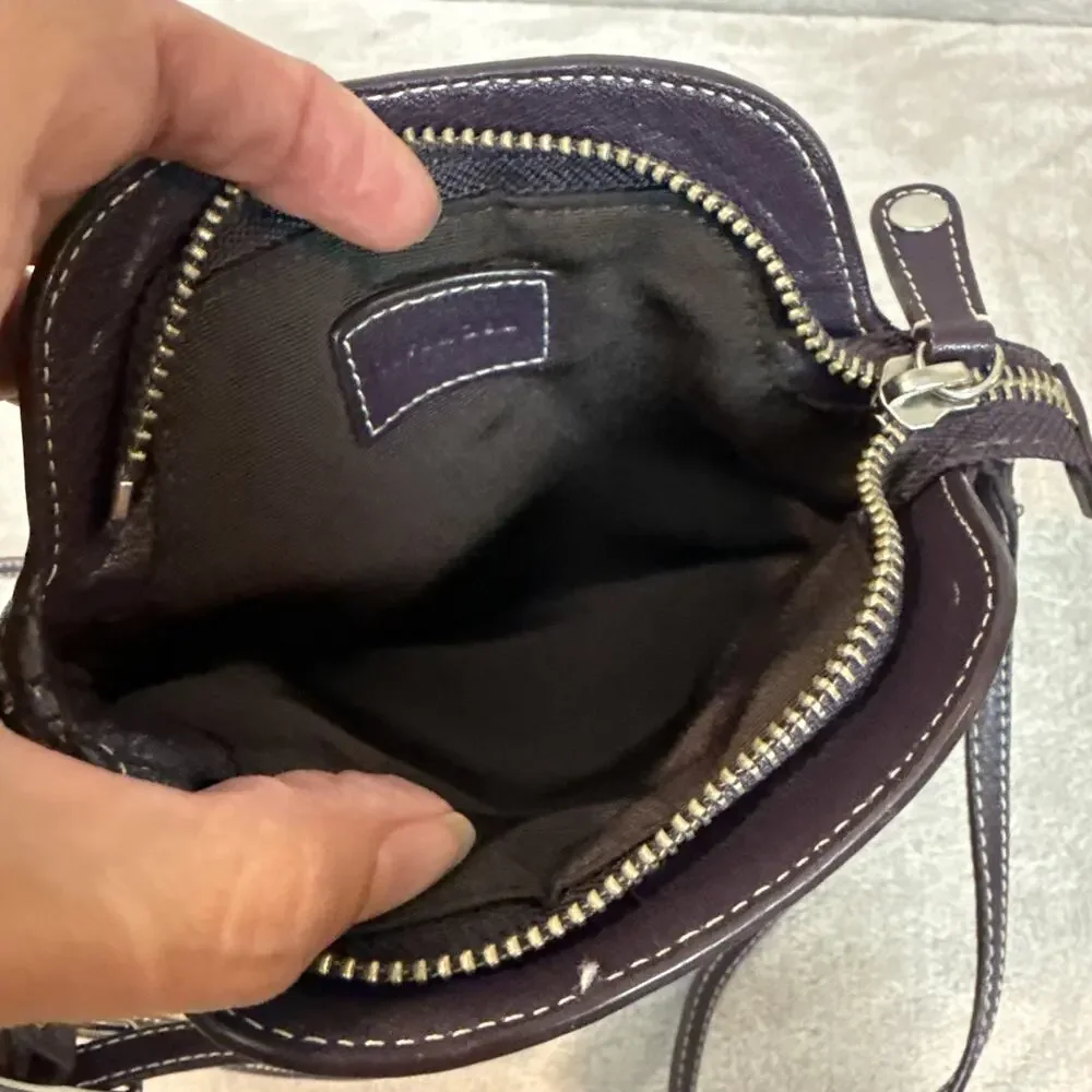 Levenger Carezza On-the-Town Eggplant Leather Pouch Cross Body Micro Bag Zip